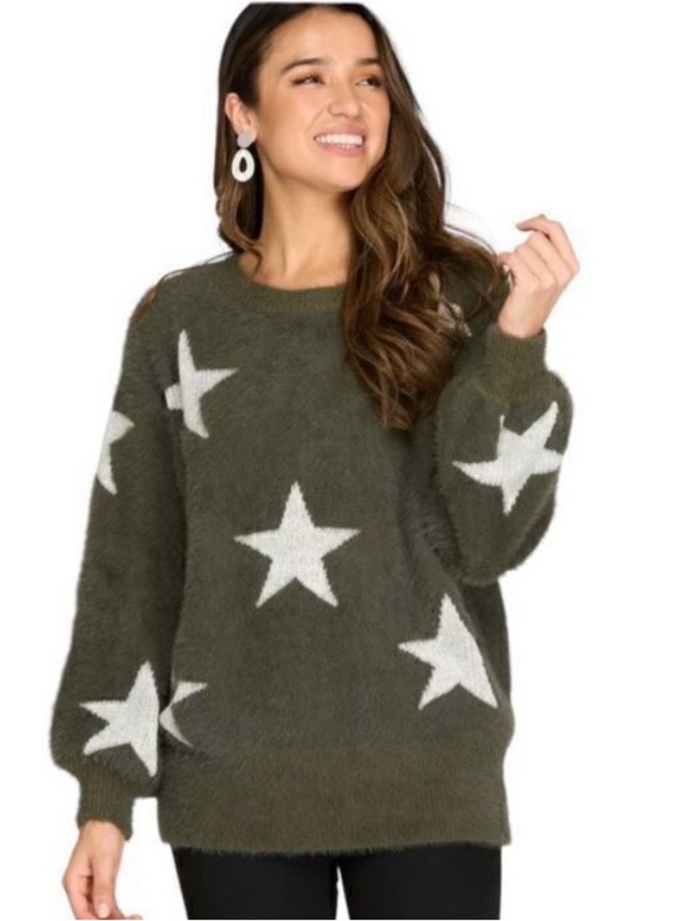 She + Sky Bubble Sleeve Fuzzy Star Sweater